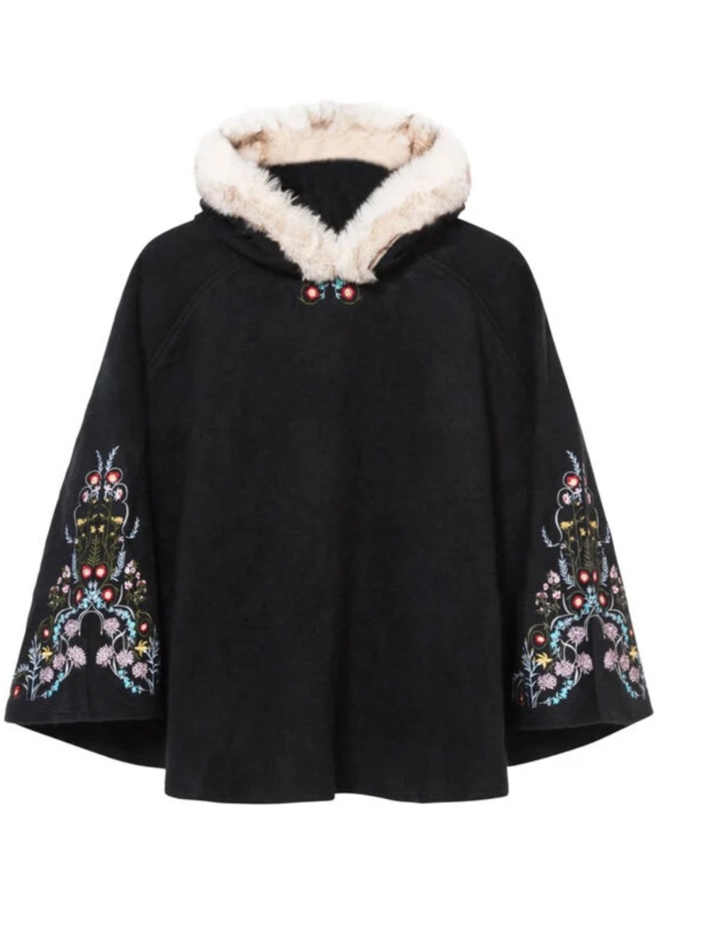 Desigual Gipsy Garden Embroidered Black Fur Hoodef Poncho One Size Boho Bespoke